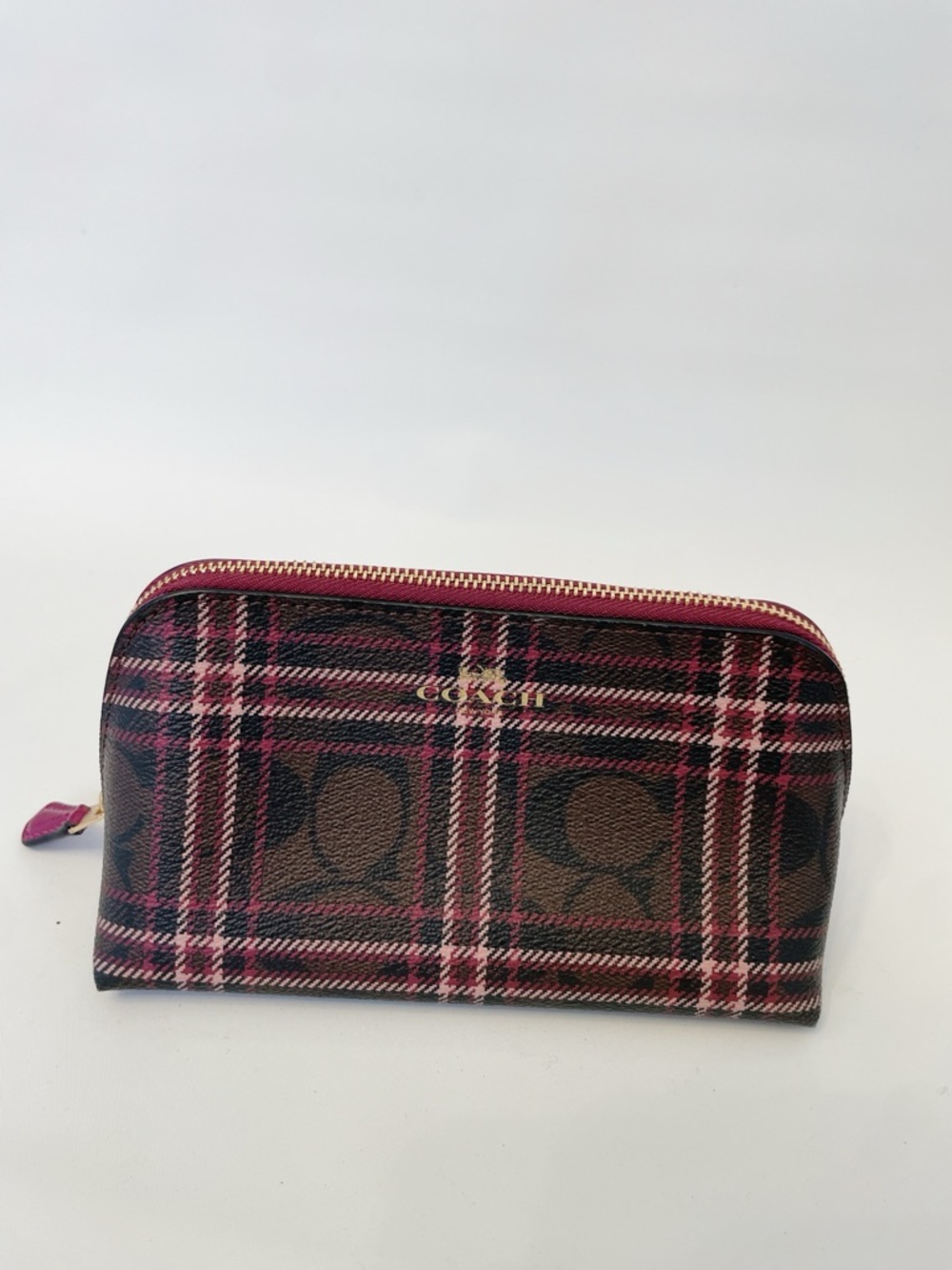 Coach Plaid Signature Cosmetic Bag Makeup Case Brown Pink NWOT - Picture 2 of 9